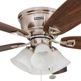 Honeywell Ceiling Fans Glen Alden, 52 Inch Classic Flush Mount Indoor LED Ceiling Fan with Light, Pull Chain