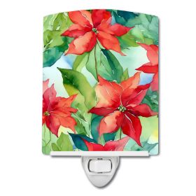 NEW Poinsettias in Watercolor Ceramic Night Light Compact, UL-Certified, Ideal for Bedroom, Bathroom, Nursery, Hallway, Kitchen, 6x4x3, Multicolor