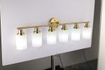 6-Light Golden  Bathroom Vanity Light Fixture, Frosted Glass Shades, Modern Wall Mounted Lighting (No Bulbs)