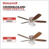 Honeywell Ceiling Fans Glen Alden, 52 Inch Classic Flush Mount Indoor LED Ceiling Fan with Light, Pull Chain