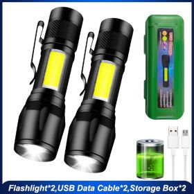 Mini Led Flashlight With Storage Box Portable Rechargeable Zoom Flashlight Waterproof Torch Lamp Lantern Camping Lights Outdoor (Ships From: China, Emitting Color: 2pcs)