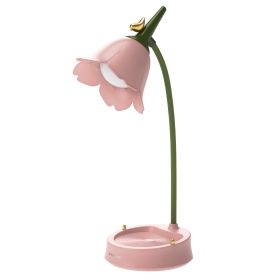 Cute LED Desk Lamp, Kawaii Flower Bird Table Lamp USB Rechargeable (Color: pink)